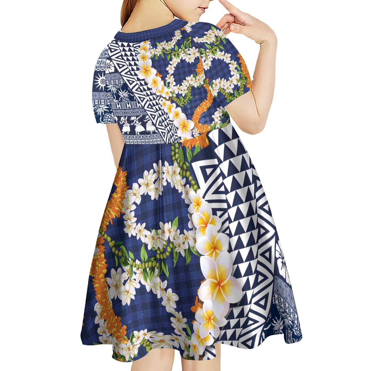 Hawaiian Plumeria Lei Kid Short Sleeve Dress Kakau Motifs and Palaka Half Style Blue Color - Polynesian Pride