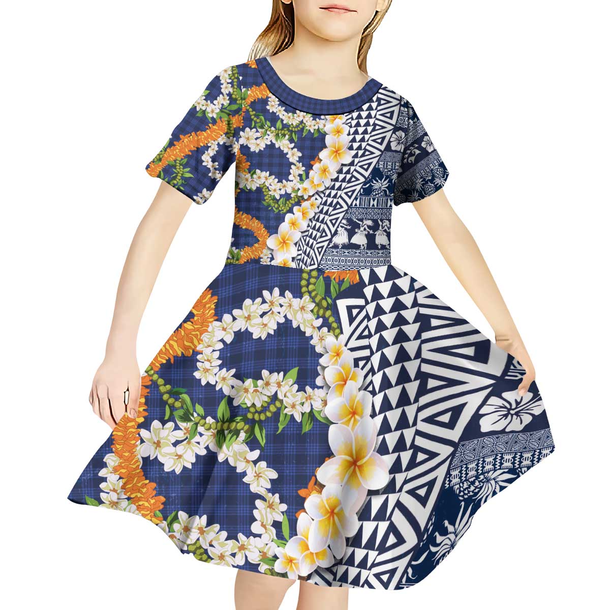 Hawaiian Plumeria Lei Kid Short Sleeve Dress Kakau Motifs and Palaka Half Style Blue Color - Polynesian Pride