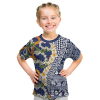 Hawaiian Plumeria Lei Kid T Shirt Kakau Motifs and Palaka Half Style Blue Color - Polynesian Pride