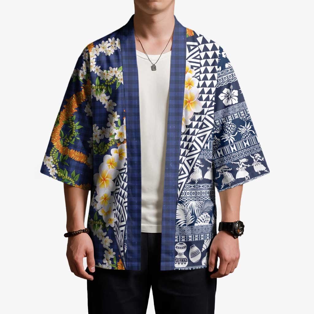 Hawaiian Plumeria Lei Kimono Kakau Motifs and Palaka Half Style Blue Color - Polynesian Pride