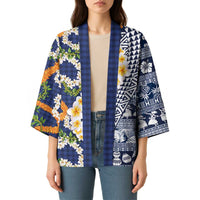 Hawaiian Plumeria Lei Kimono Kakau Motifs and Palaka Half Style Blue Color - Polynesian Pride