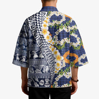 Hawaiian Plumeria Lei Kimono Kakau Motifs and Palaka Half Style Blue Color - Polynesian Pride