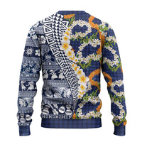 Hawaiian Plumeria Lei Ugly Christmas Sweater Kakau Motifs and Palaka Half Style Blue Color - Polynesian Pride