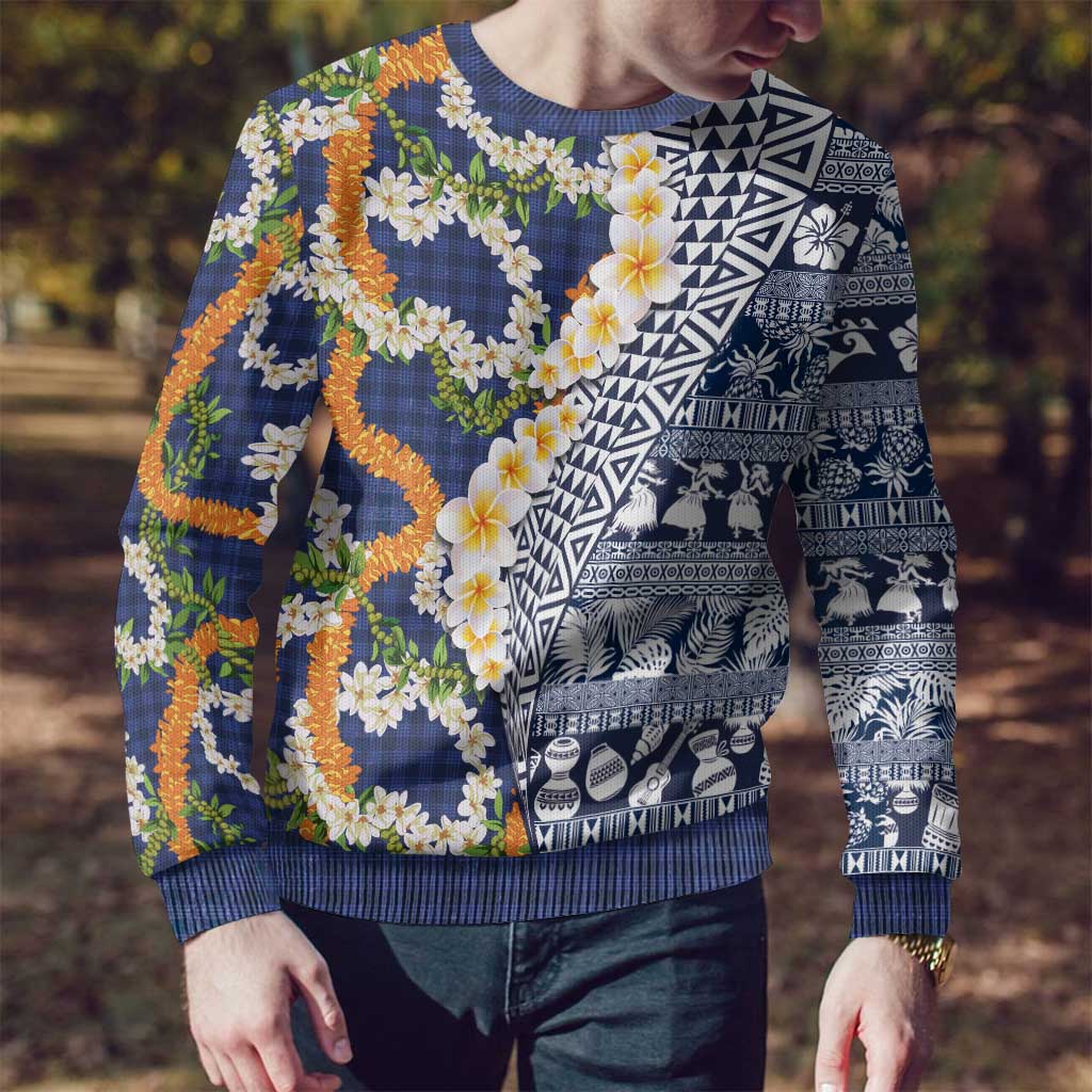 Hawaiian Plumeria Lei Ugly Christmas Sweater Kakau Motifs and Palaka Half Style Blue Color - Polynesian Pride
