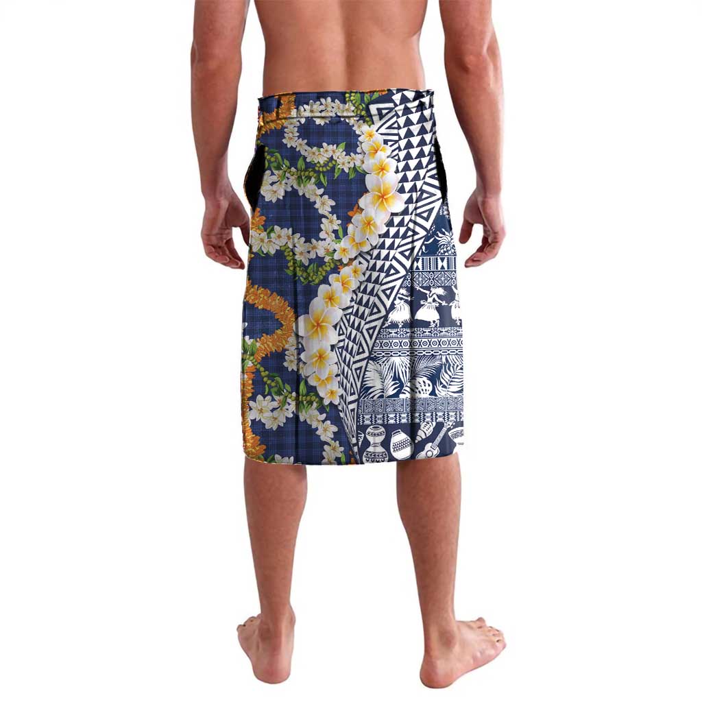 Hawaiian Plumeria Lei Lavalava Kakau Motifs and Palaka Half Style Blue Color - Polynesian Pride