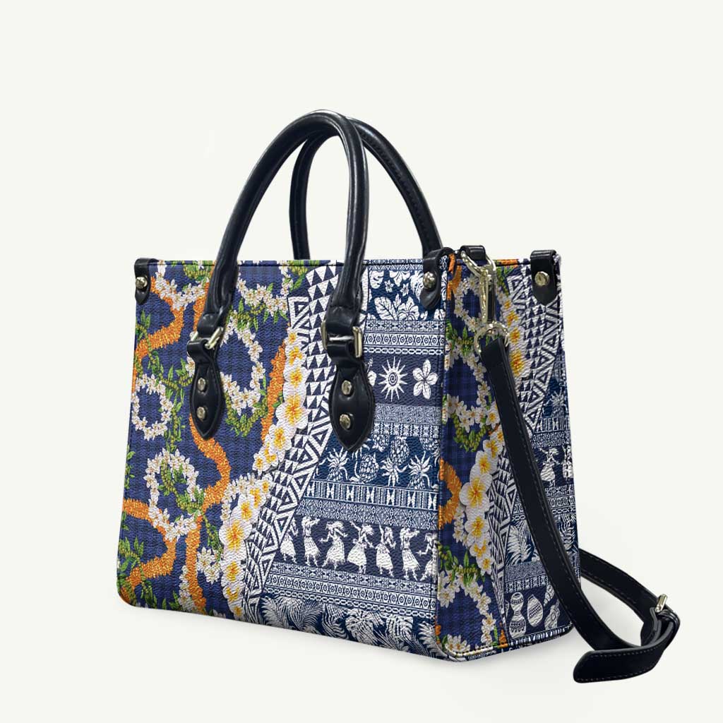 Hawaiian Plumeria Lei Leather Bag Kakau Motifs and Palaka Half Style Blue Color LT03 Blue - Polynesian Pride