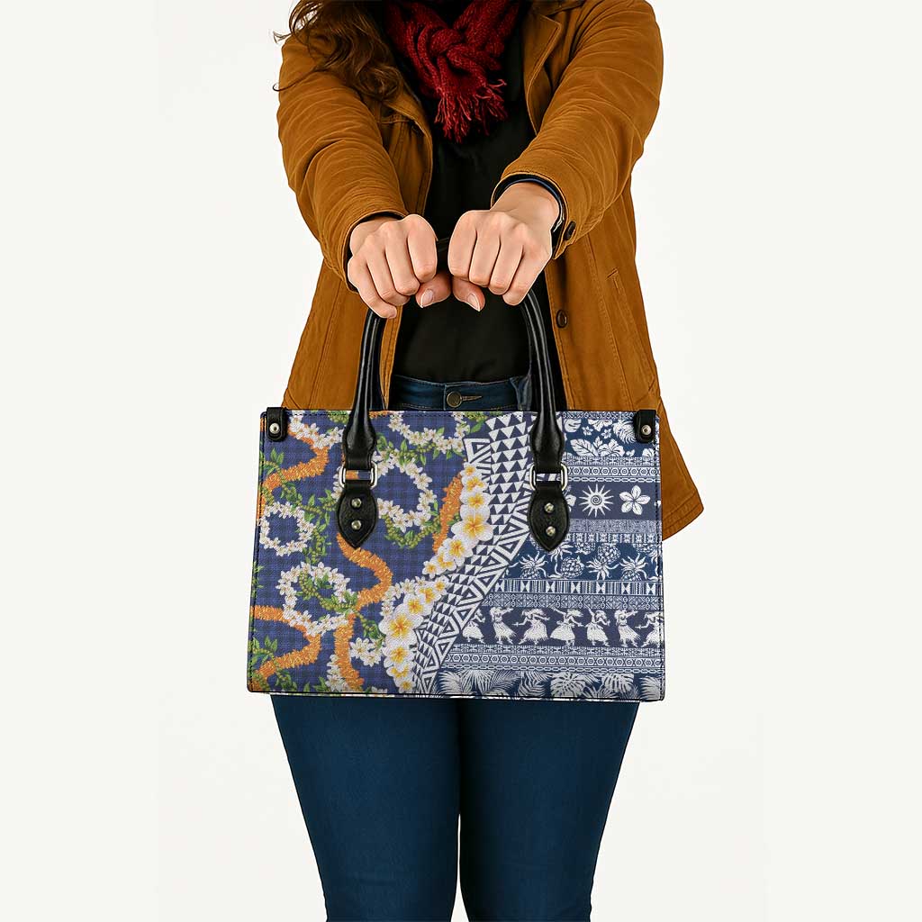 Hawaiian Plumeria Lei Leather Bag Kakau Motifs and Palaka Half Style Blue Color LT03 - Polynesian Pride