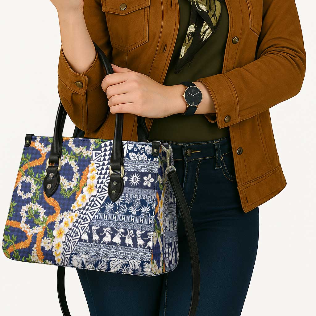 Hawaiian Plumeria Lei Leather Bag Kakau Motifs and Palaka Half Style Blue Color LT03 - Polynesian Pride