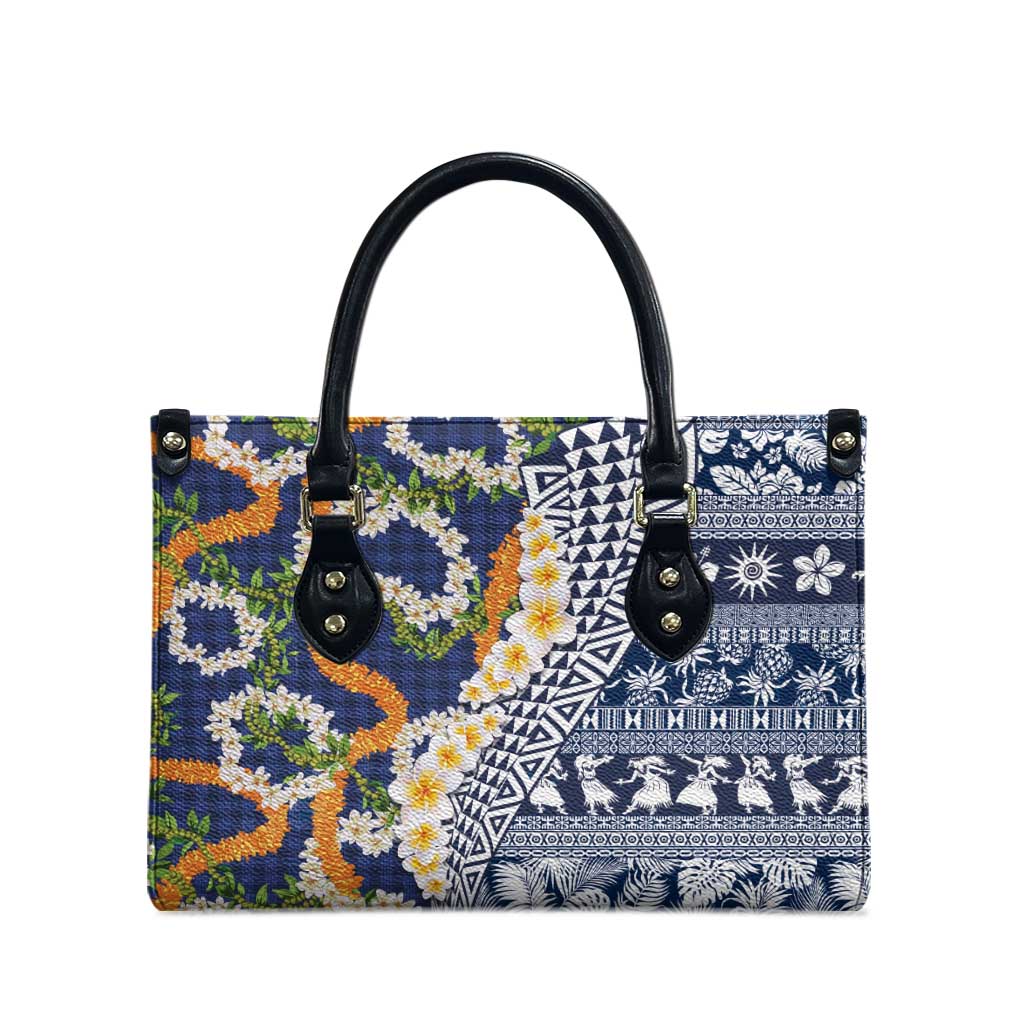 Hawaiian Plumeria Lei Leather Bag Kakau Motifs and Palaka Half Style Blue Color LT03 - Polynesian Pride