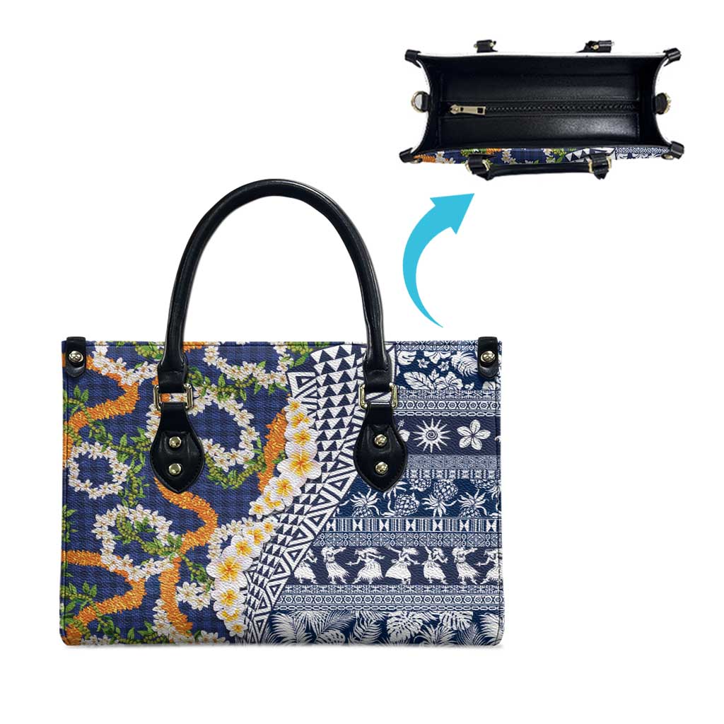 Hawaiian Plumeria Lei Leather Bag Kakau Motifs and Palaka Half Style Blue Color LT03 - Polynesian Pride