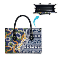Hawaiian Plumeria Lei Leather Bag Kakau Motifs and Palaka Half Style Blue Color LT03 - Polynesian Pride