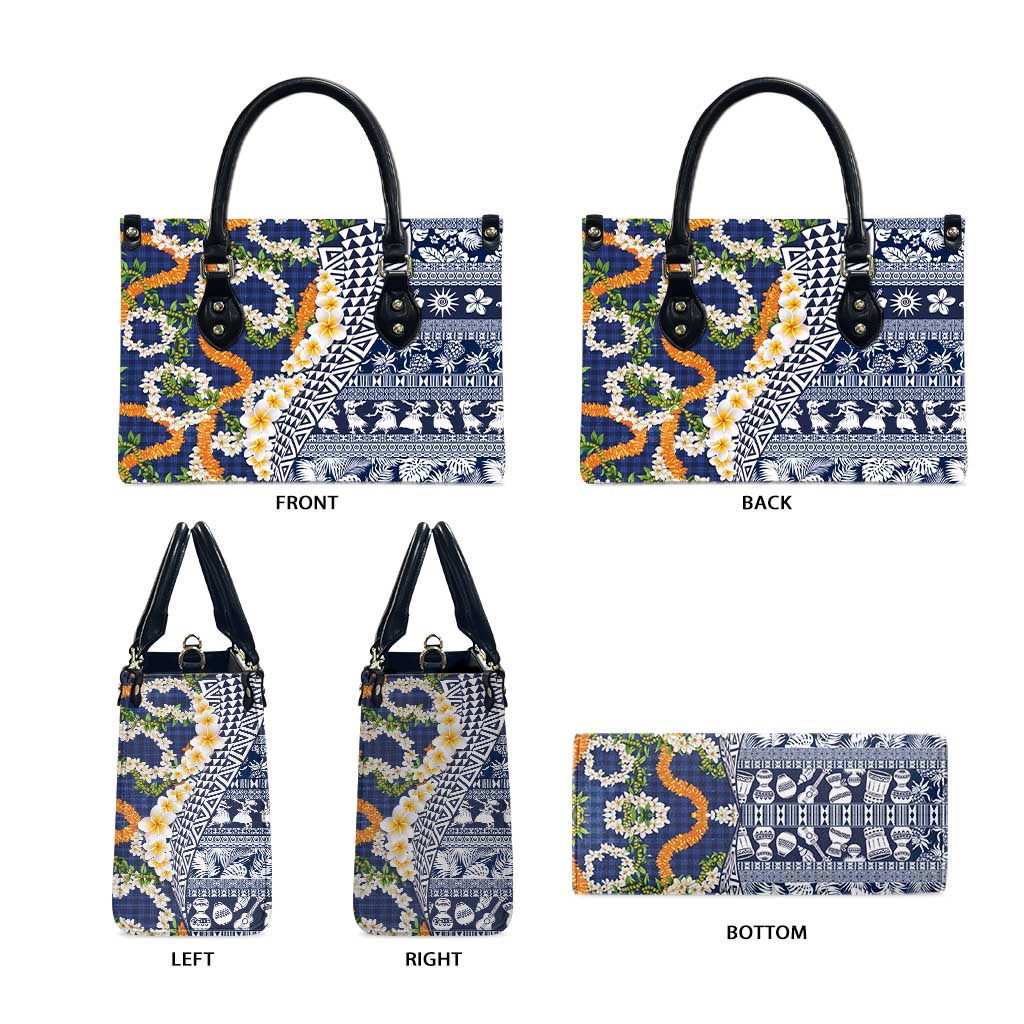 Hawaiian Plumeria Lei Leather Bag Kakau Motifs and Palaka Half Style Blue Color LT03 - Polynesian Pride