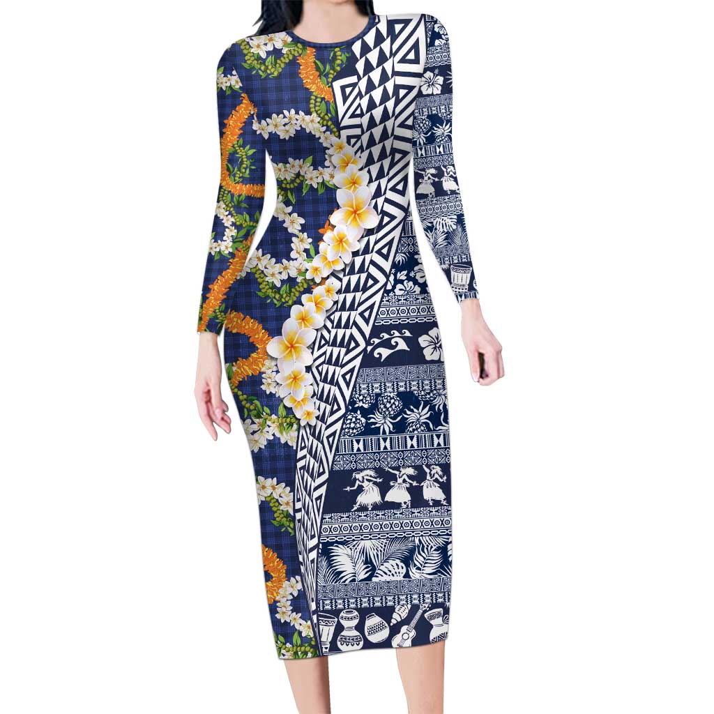 Hawaiian Plumeria Lei Long Sleeve Bodycon Dress Kakau Motifs and Palaka Half Style Blue Color - Polynesian Pride