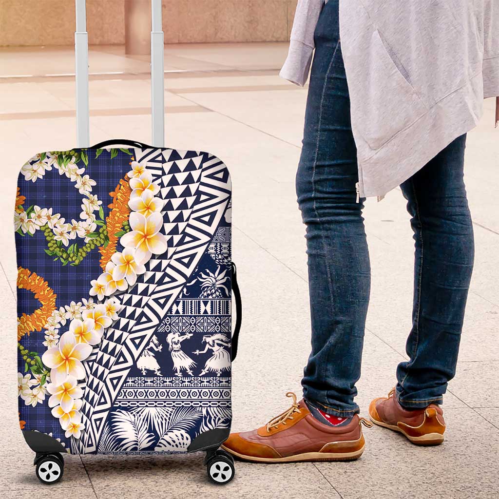 Hawaiian Plumeria Lei Luggage Cover Kakau Motifs and Palaka Half Style Blue Color - Polynesian Pride