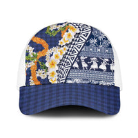 Hawaiian Plumeria Lei Mesh Trucker Cap Kakau Motifs and Palaka Half Style Blue Color - Polynesian Pride