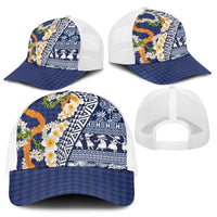 Hawaiian Plumeria Lei Mesh Trucker Cap Kakau Motifs and Palaka Half Style Blue Color - Polynesian Pride
