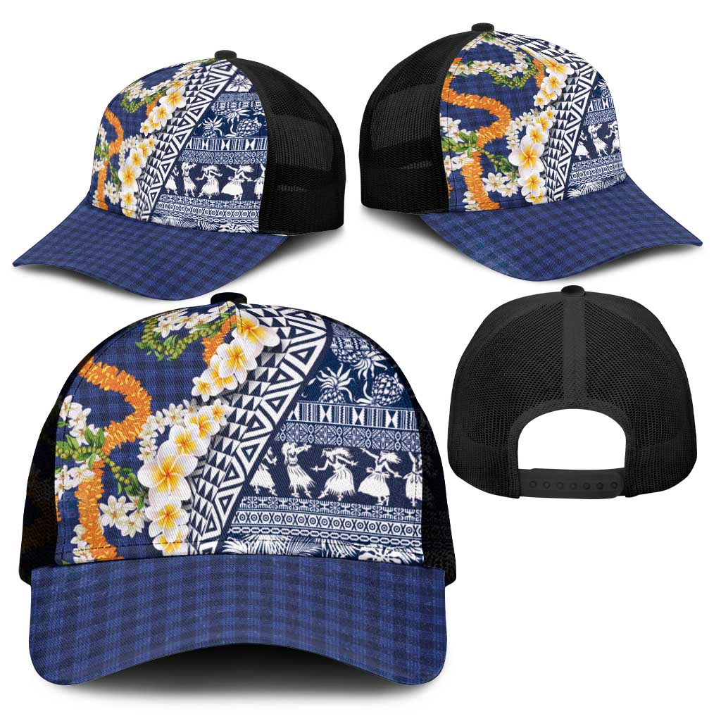 Hawaiian Plumeria Lei Mesh Trucker Cap Kakau Motifs and Palaka Half Style Blue Color - Polynesian Pride