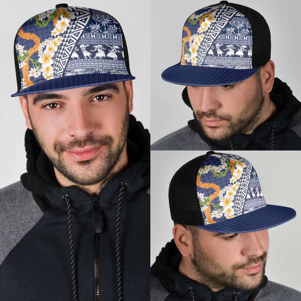 Hawaiian Plumeria Lei Mesh Trucker Cap Kakau Motifs and Palaka Half Style Blue Color - Polynesian Pride