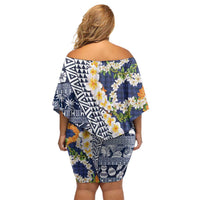 Hawaiian Plumeria Lei Off Shoulder Short Dress Kakau Motifs and Palaka Half Style Blue Color - Polynesian Pride
