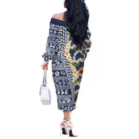 Hawaiian Plumeria Lei Off The Shoulder Long Sleeve Dress Kakau Motifs and Palaka Half Style Blue Color - Polynesian Pride