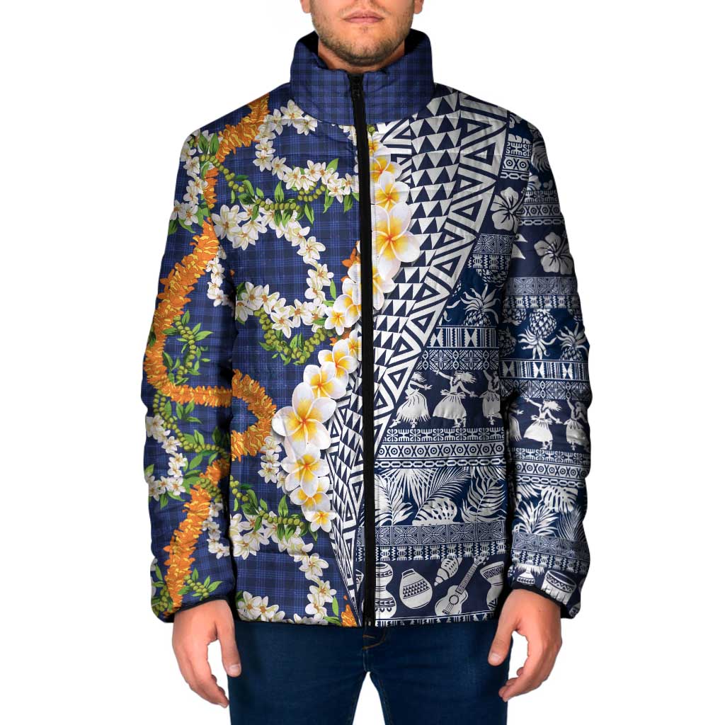 Hawaiian Plumeria Lei Padded Jacket Kakau Motifs and Palaka Half Style Blue Color LT03 Men Blue - Polynesian Pride