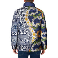 Hawaiian Plumeria Lei Padded Jacket Kakau Motifs and Palaka Half Style Blue Color LT03 - Polynesian Pride