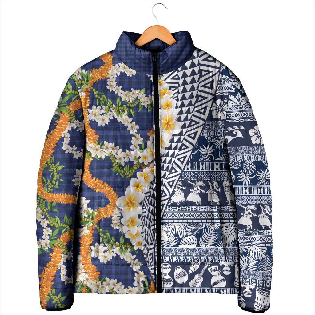 Hawaiian Plumeria Lei Padded Jacket Kakau Motifs and Palaka Half Style Blue Color LT03 - Polynesian Pride