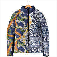 Hawaiian Plumeria Lei Padded Jacket Kakau Motifs and Palaka Half Style Blue Color LT03 - Polynesian Pride
