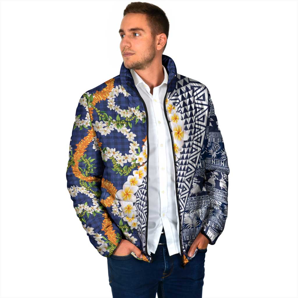Hawaiian Plumeria Lei Padded Jacket Kakau Motifs and Palaka Half Style Blue Color LT03 - Polynesian Pride
