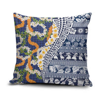 Hawaiian Plumeria Lei Pillow Cover Kakau Motifs and Palaka Half Style Blue Color - Polynesian Pride