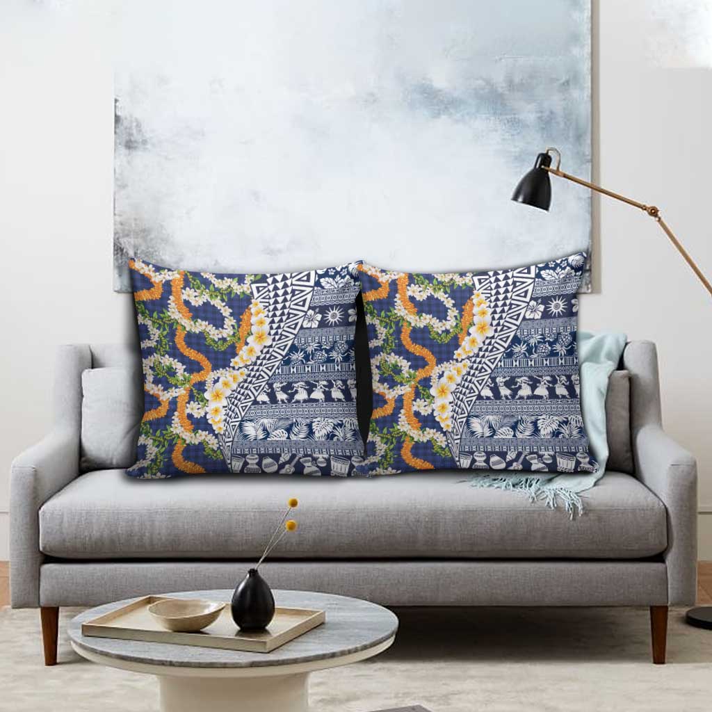 Hawaiian Plumeria Lei Pillow Cover Kakau Motifs and Palaka Half Style Blue Color - Polynesian Pride