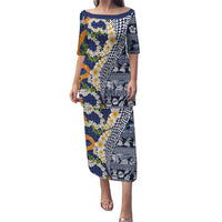 Hawaiian Plumeria Lei Puletasi Kakau Motifs and Palaka Half Style Blue Color LT03 Long Dress Blue - Polynesian Pride