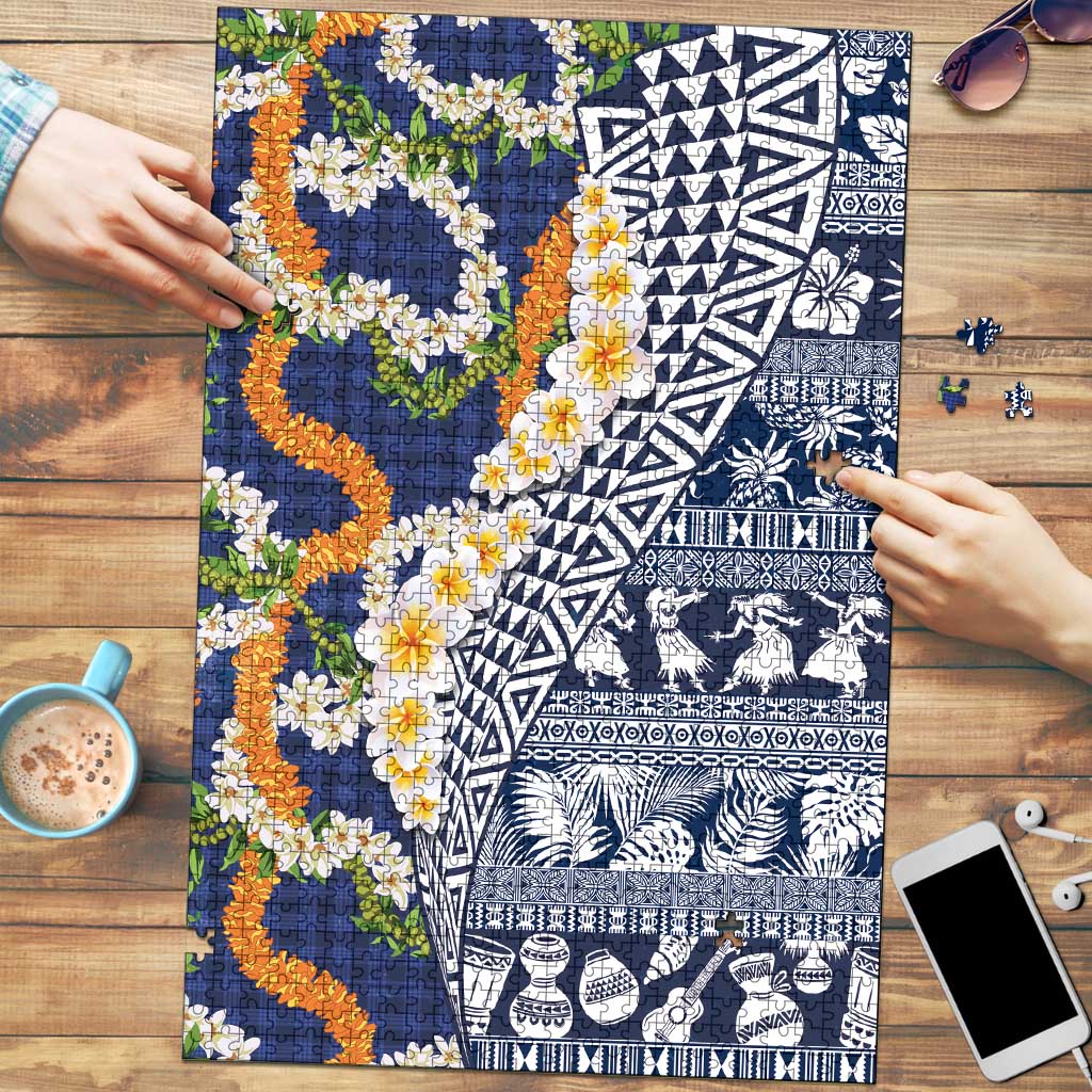 Hawaiian Plumeria Lei Puzzle Kakau Motifs and Palaka Half Style Blue Color LT03 Blue - Polynesian Pride
