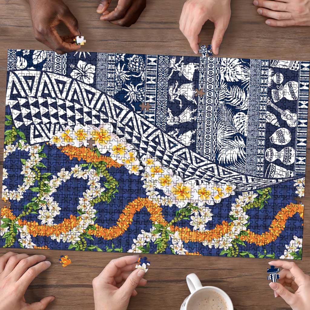 Hawaiian Plumeria Lei Puzzle Kakau Motifs and Palaka Half Style Blue Color LT03 - Polynesian Pride