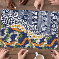 Hawaiian Plumeria Lei Puzzle Kakau Motifs and Palaka Half Style Blue Color LT03 - Polynesian Pride