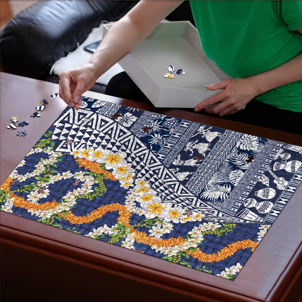 Hawaiian Plumeria Lei Puzzle Kakau Motifs and Palaka Half Style Blue Color LT03 - Polynesian Pride