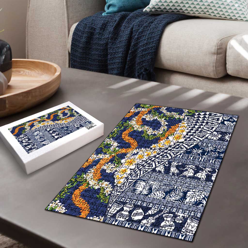 Hawaiian Plumeria Lei Puzzle Kakau Motifs and Palaka Half Style Blue Color LT03 - Polynesian Pride