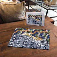 Hawaiian Plumeria Lei Puzzle Kakau Motifs and Palaka Half Style Blue Color LT03 - Polynesian Pride