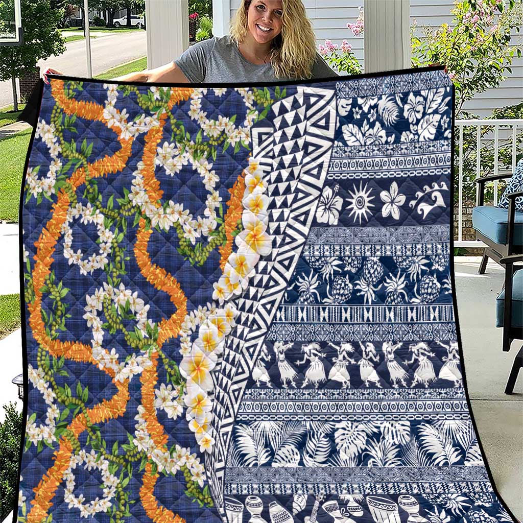 Hawaiian Plumeria Lei Quilt Kakau Motifs and Palaka Half Style Blue Color - Polynesian Pride