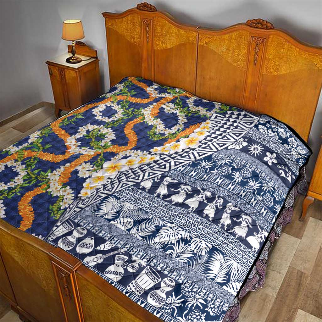 Hawaiian Plumeria Lei Quilt Kakau Motifs and Palaka Half Style Blue Color - Polynesian Pride