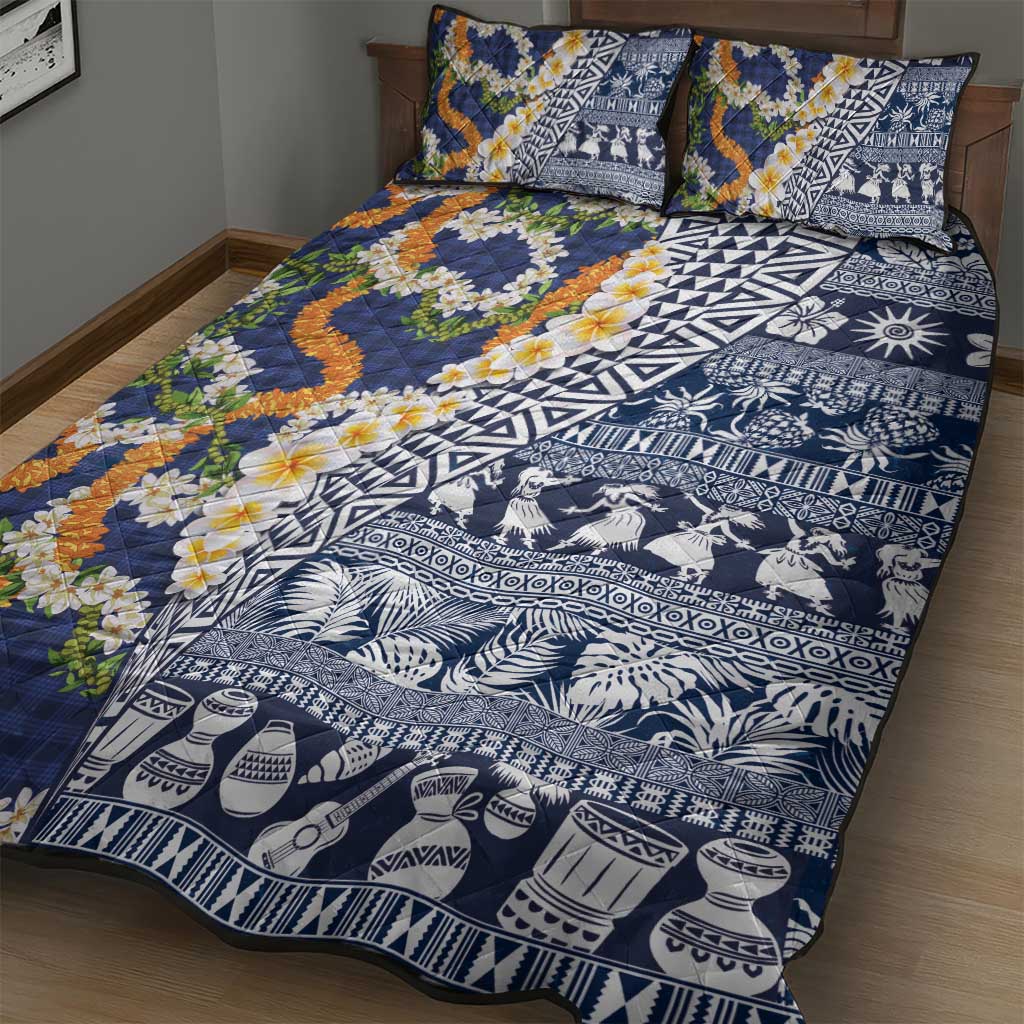 Hawaiian Plumeria Lei Quilt Bed Set Kakau Motifs and Palaka Half Style Blue Color - Polynesian Pride