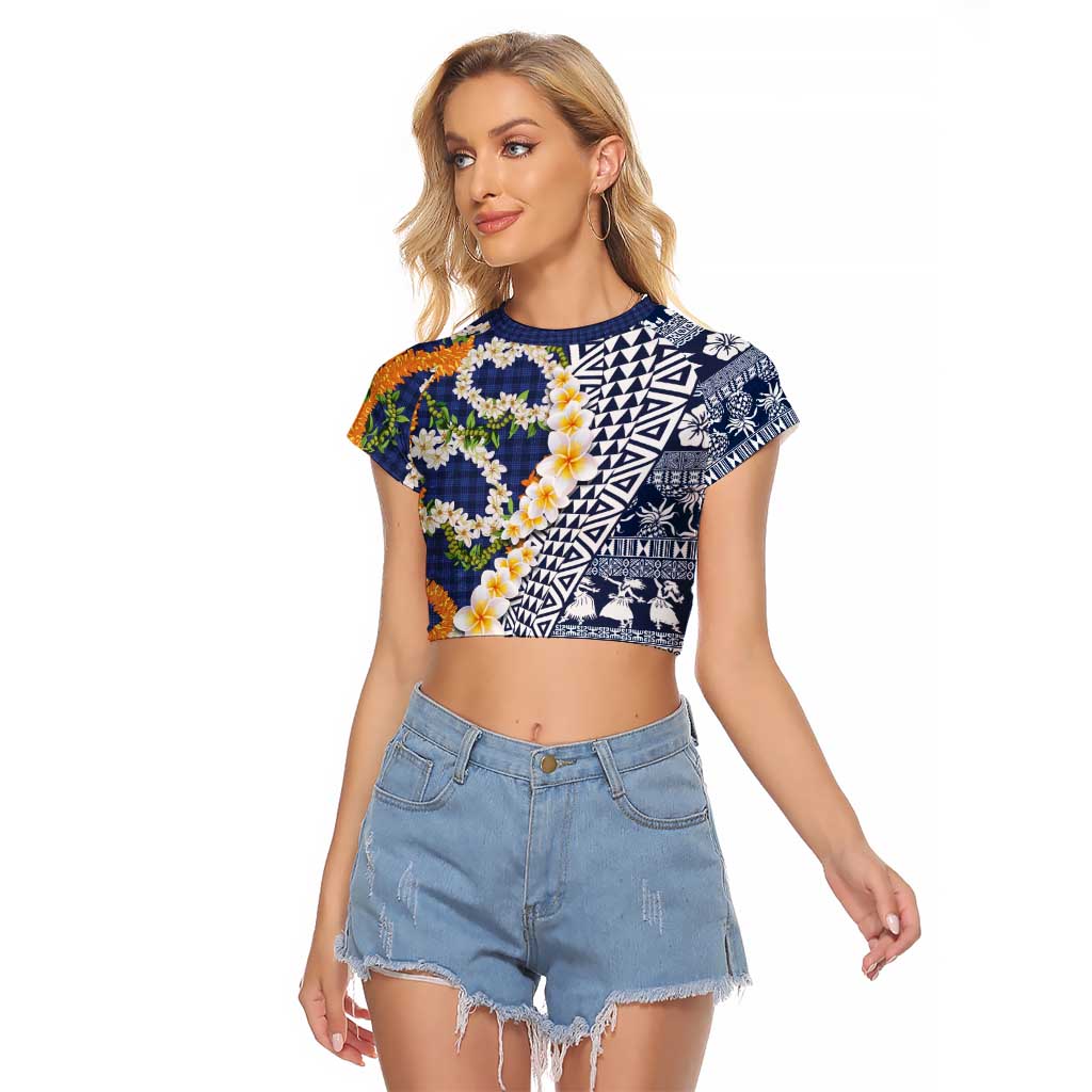 Hawaiian Plumeria Lei Raglan Cropped T Shirt Kakau Motifs and Palaka Half Style Blue Color LT03 Female Blue - Polynesian Pride