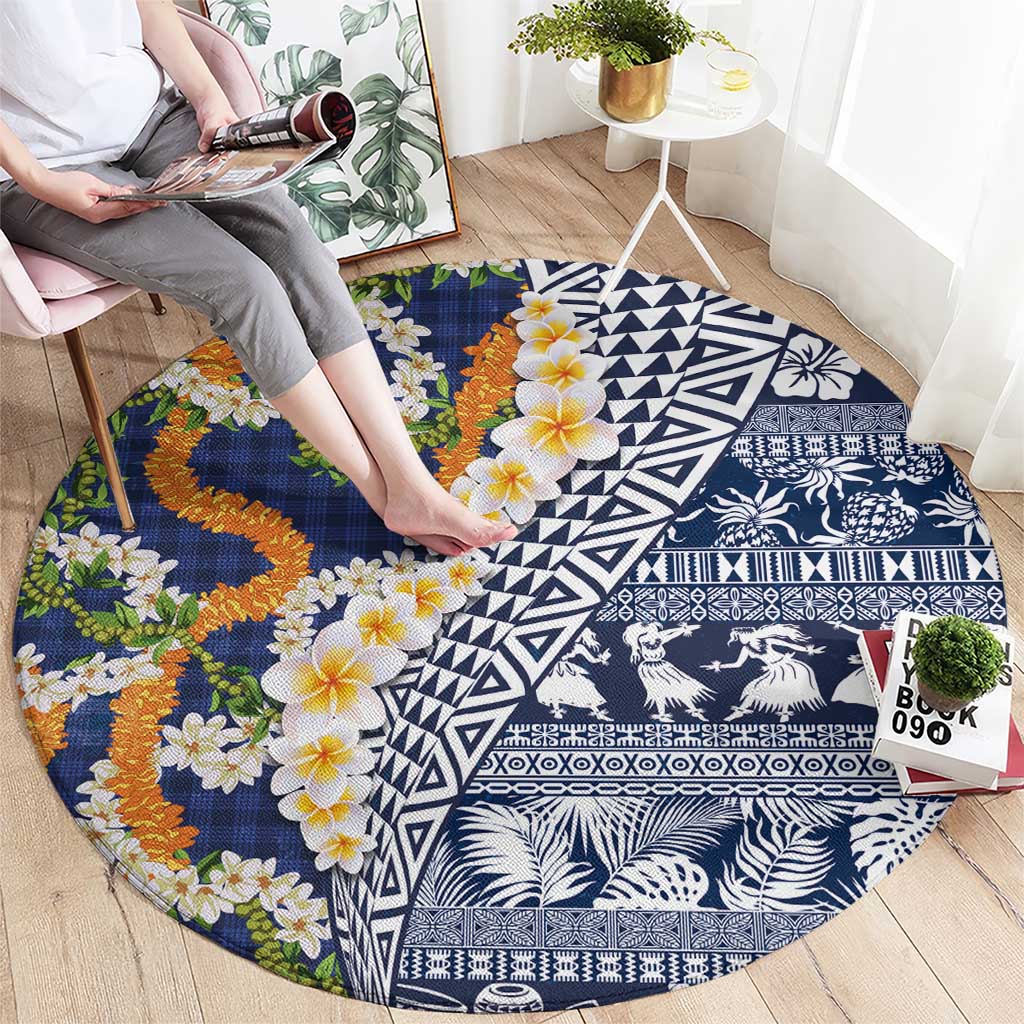 Hawaiian Plumeria Lei Round Carpet Kakau Motifs and Palaka Half Style Blue Color - Polynesian Pride