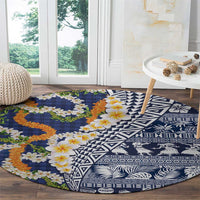 Hawaiian Plumeria Lei Round Carpet Kakau Motifs and Palaka Half Style Blue Color - Polynesian Pride