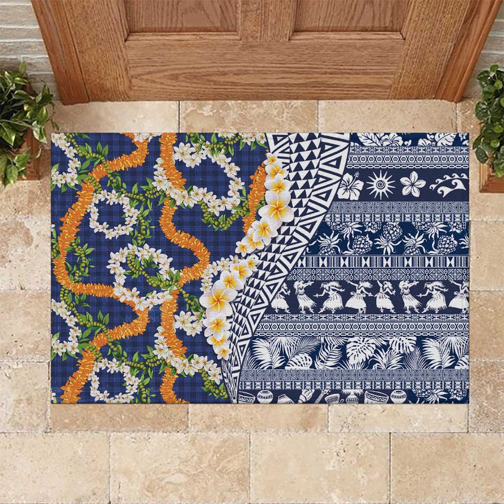 Hawaiian Plumeria Lei Rubber Doormat Kakau Motifs and Palaka Half Style Blue Color LT03 Blue - Polynesian Pride