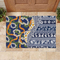 Hawaiian Plumeria Lei Rubber Doormat Kakau Motifs and Palaka Half Style Blue Color LT03 Blue - Polynesian Pride