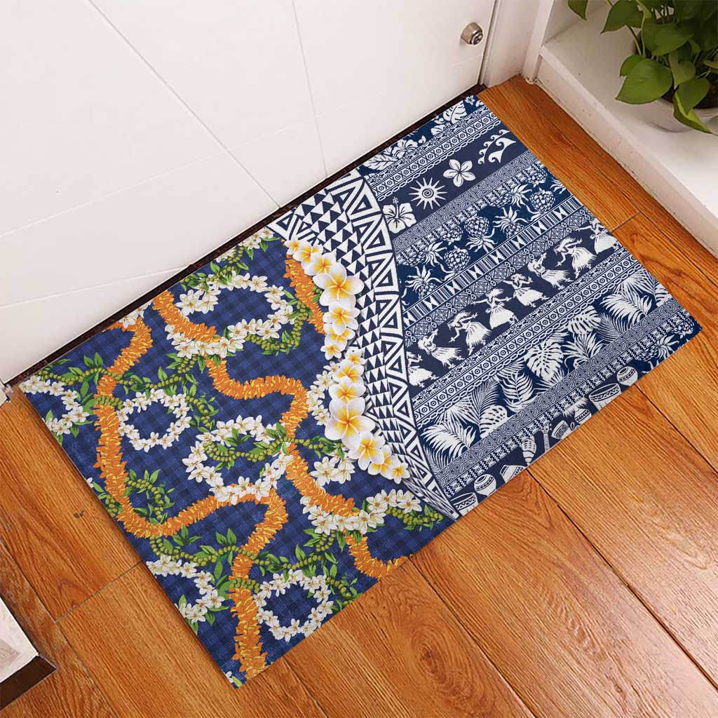 Hawaiian Plumeria Lei Rubber Doormat Kakau Motifs and Palaka Half Style Blue Color LT03 - Polynesian Pride