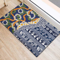 Hawaiian Plumeria Lei Rubber Doormat Kakau Motifs and Palaka Half Style Blue Color LT03 - Polynesian Pride