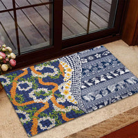 Hawaiian Plumeria Lei Rubber Doormat Kakau Motifs and Palaka Half Style Blue Color LT03 - Polynesian Pride