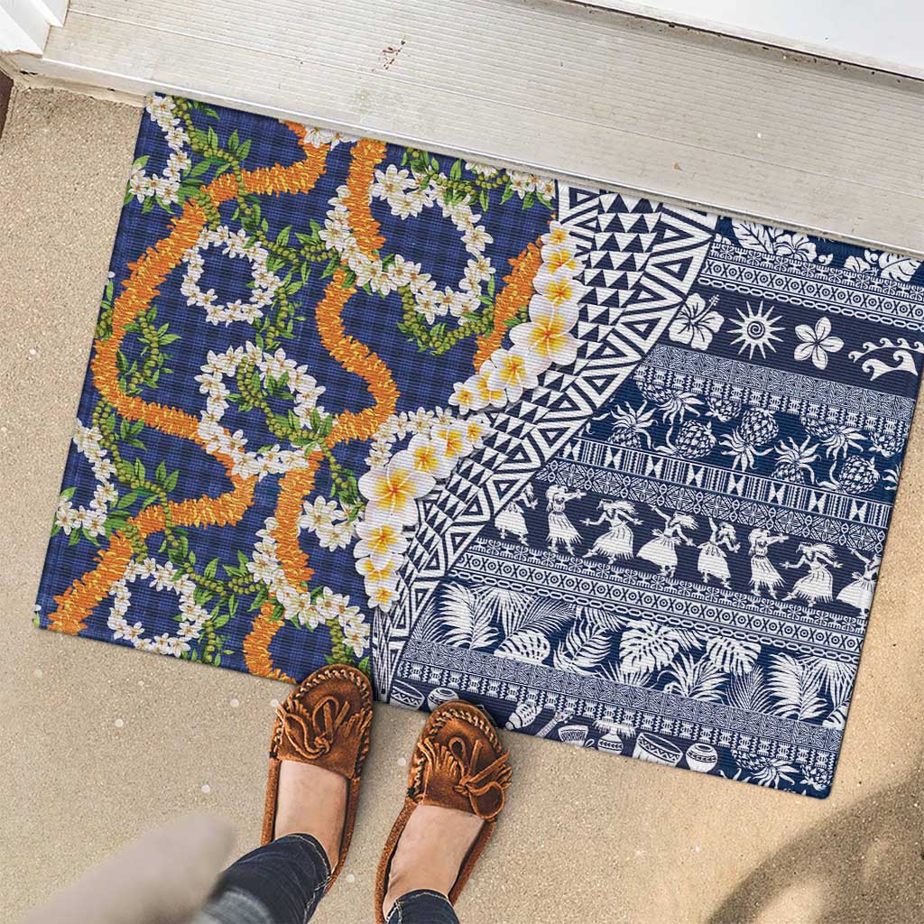 Hawaiian Plumeria Lei Rubber Doormat Kakau Motifs and Palaka Half Style Blue Color LT03 - Polynesian Pride